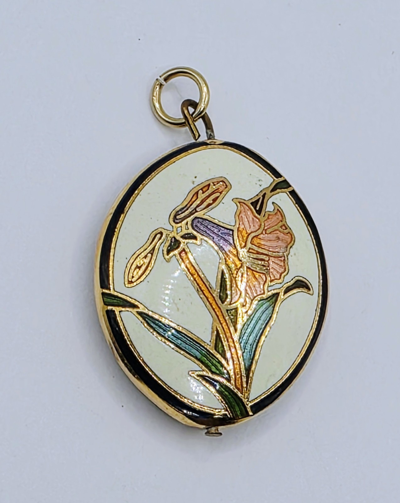 Vintage Cloisonné Green Purple Gold Amaranthus Flower Floral Oval Pendant Estate