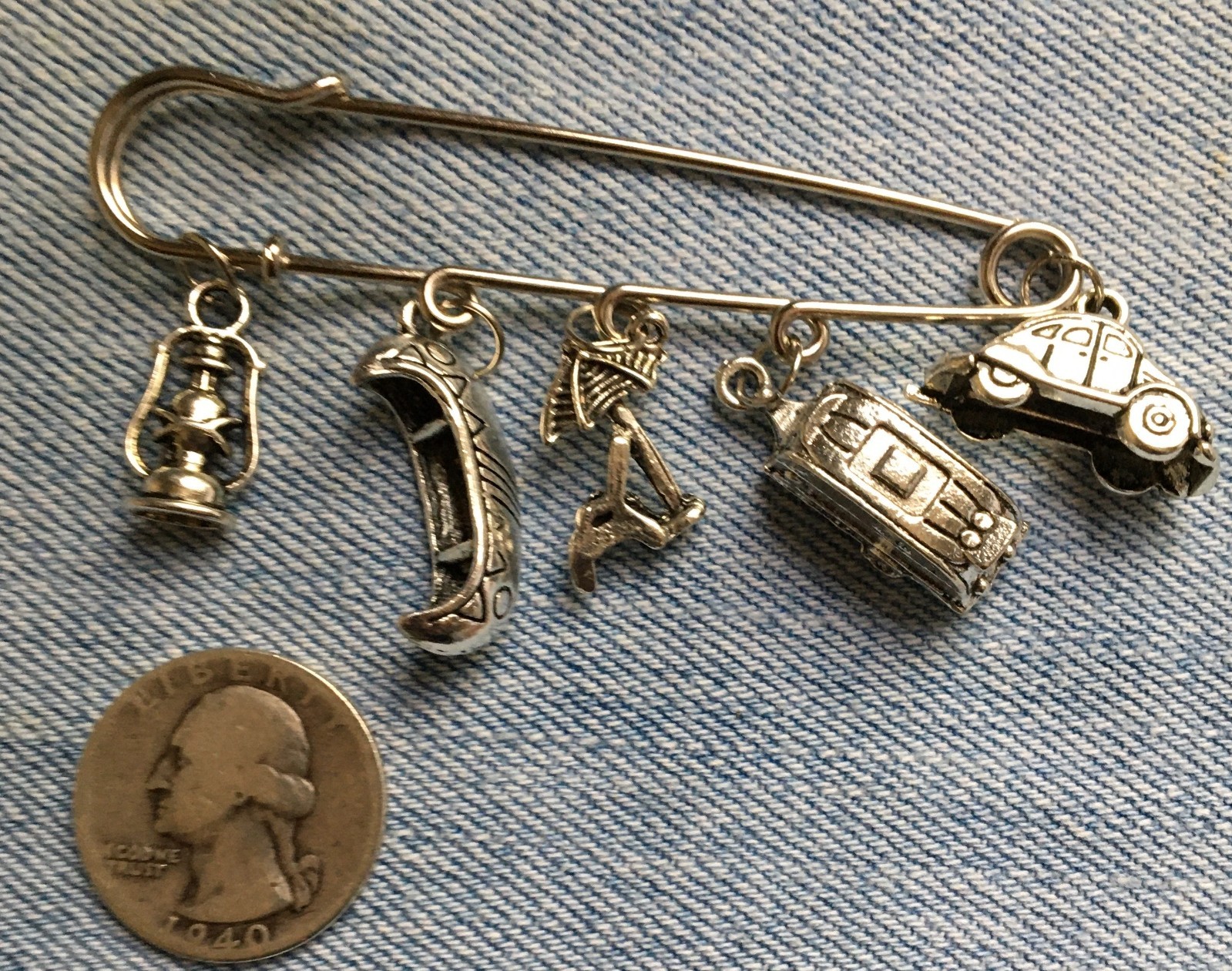 3″ BIG SAFETY PIN w/ CAMPING THEME CHARMS – Hanging Canoe Lantern VW w/ Trailer+