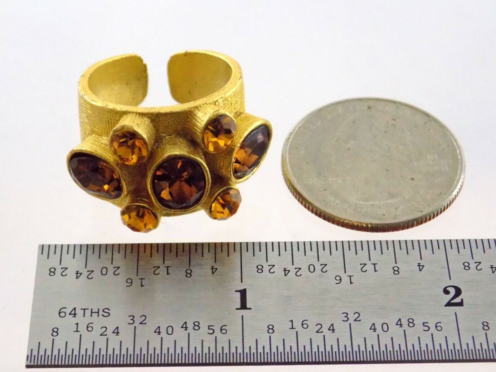 Goldtone Metal Brown Orange Rhinestones Ring Designer Signed White CZ Mark Sz 8