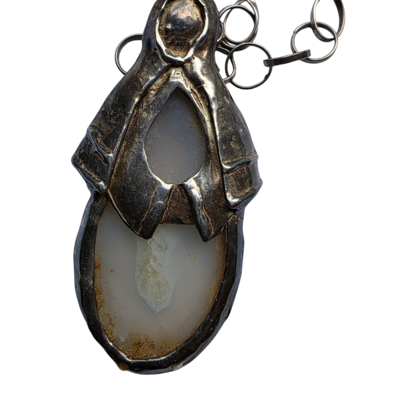 Mid Century Brutalist 22″ Sterling Silver Agate Studio Designer Necklace Madonna