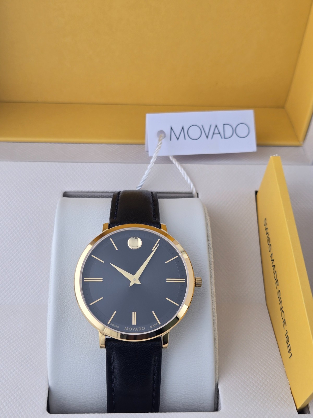 Movado Ultra Slim Women’s Gold Bezel Black Dial Watch – 0607091 ($795 MSRP)