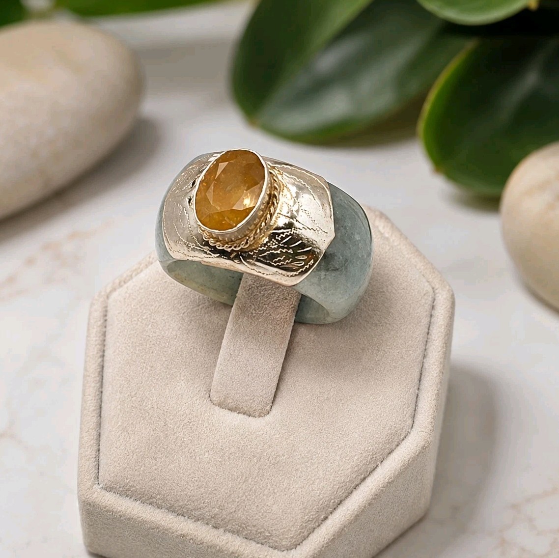 Artisan Carved 13.2mm Jade Band Ring W/ Silver Overlay Yellow Gemstone Size 9