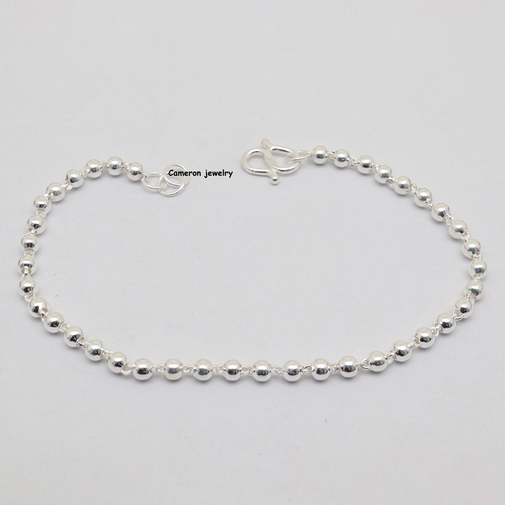 Pure S999 Fine Silver Chain 6mm Round Beads Link Bracelet 4g 7.1inch