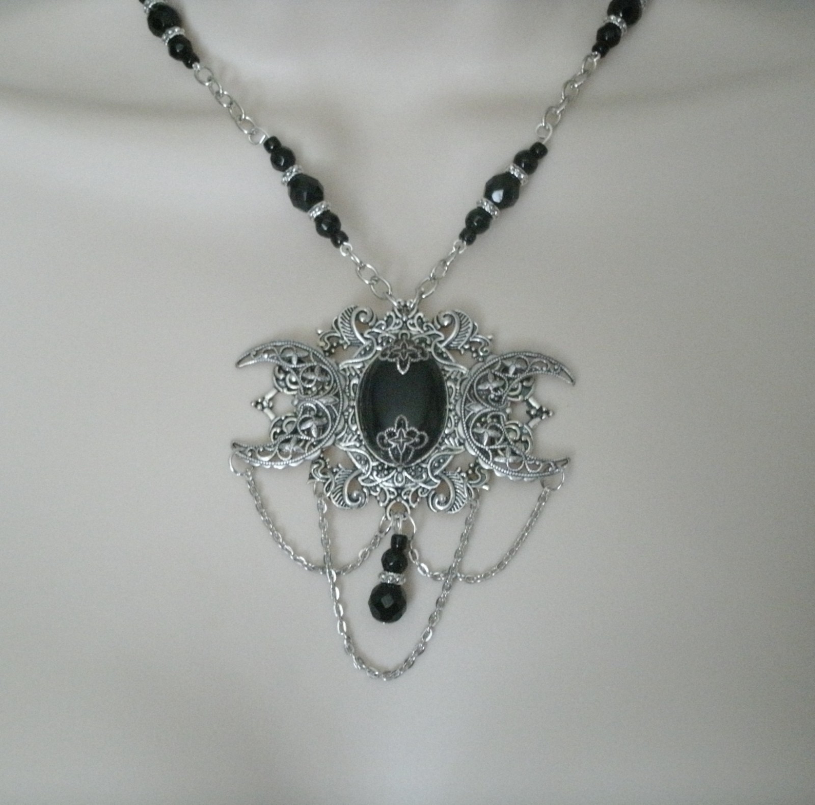 Black Onyx Crescent Moon Gothic Victorian Medieval Renaissance Goth Necklace