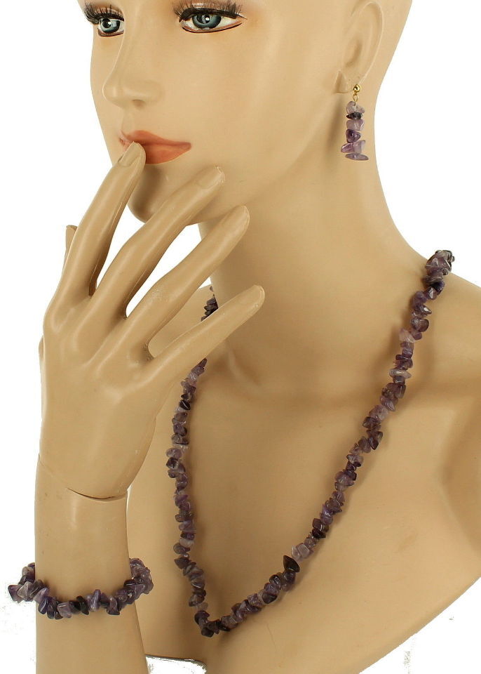 Vintage 1970’s Amethyst Chip Necklace, Bracelet & Earrings Set Purple Lavender