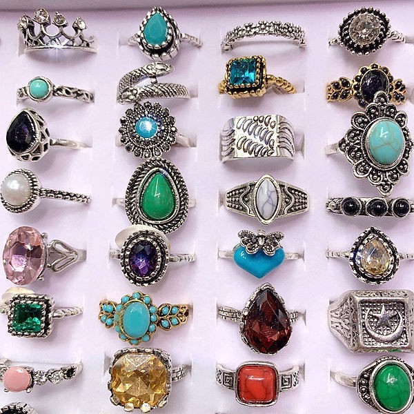 50pcs Bulk Lots Vintage Crystal Stone Mix Plated antique silver Jewelry Ring