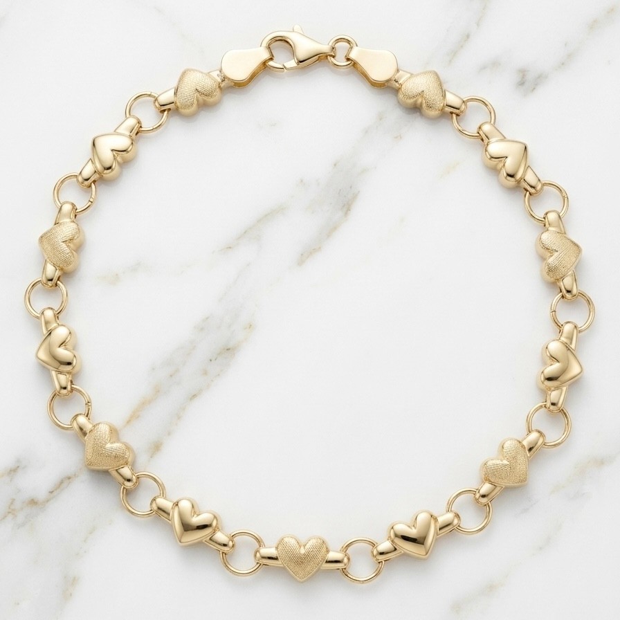 Real 14K Gold Heart Link Bracelet Heart Station Chain 6″ – 9″ Yellow White Rose
