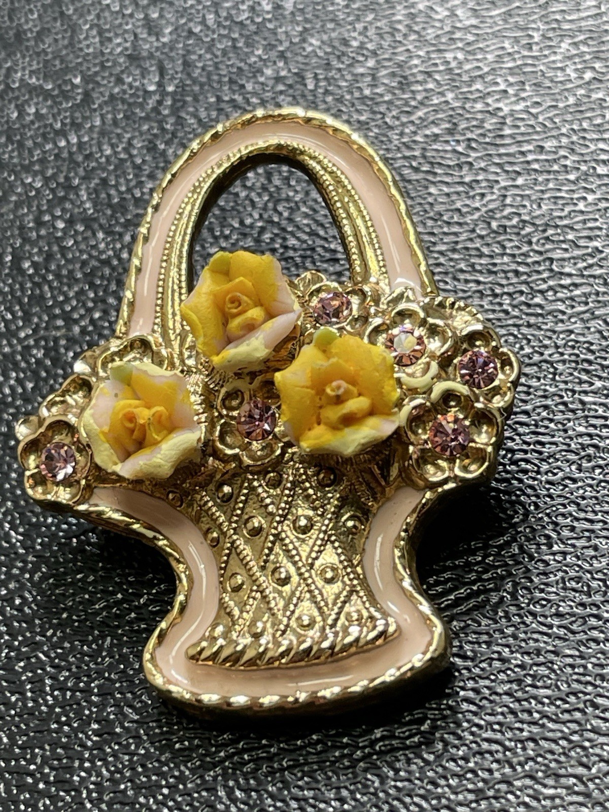Vintage 1.5” Yellow Ceramic Flower Pink Rhinestone Gold Tone Basket Brooch Pin