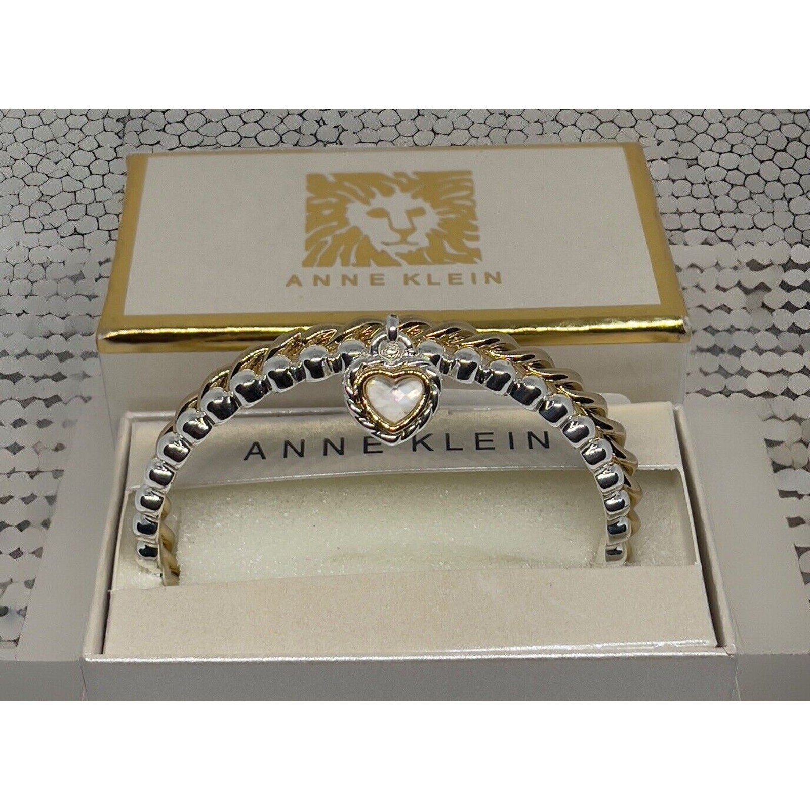 Anne Klein Gold Tone Bracelet (2 Piece Set) Crystal Heart Bangle Style Chic NWT