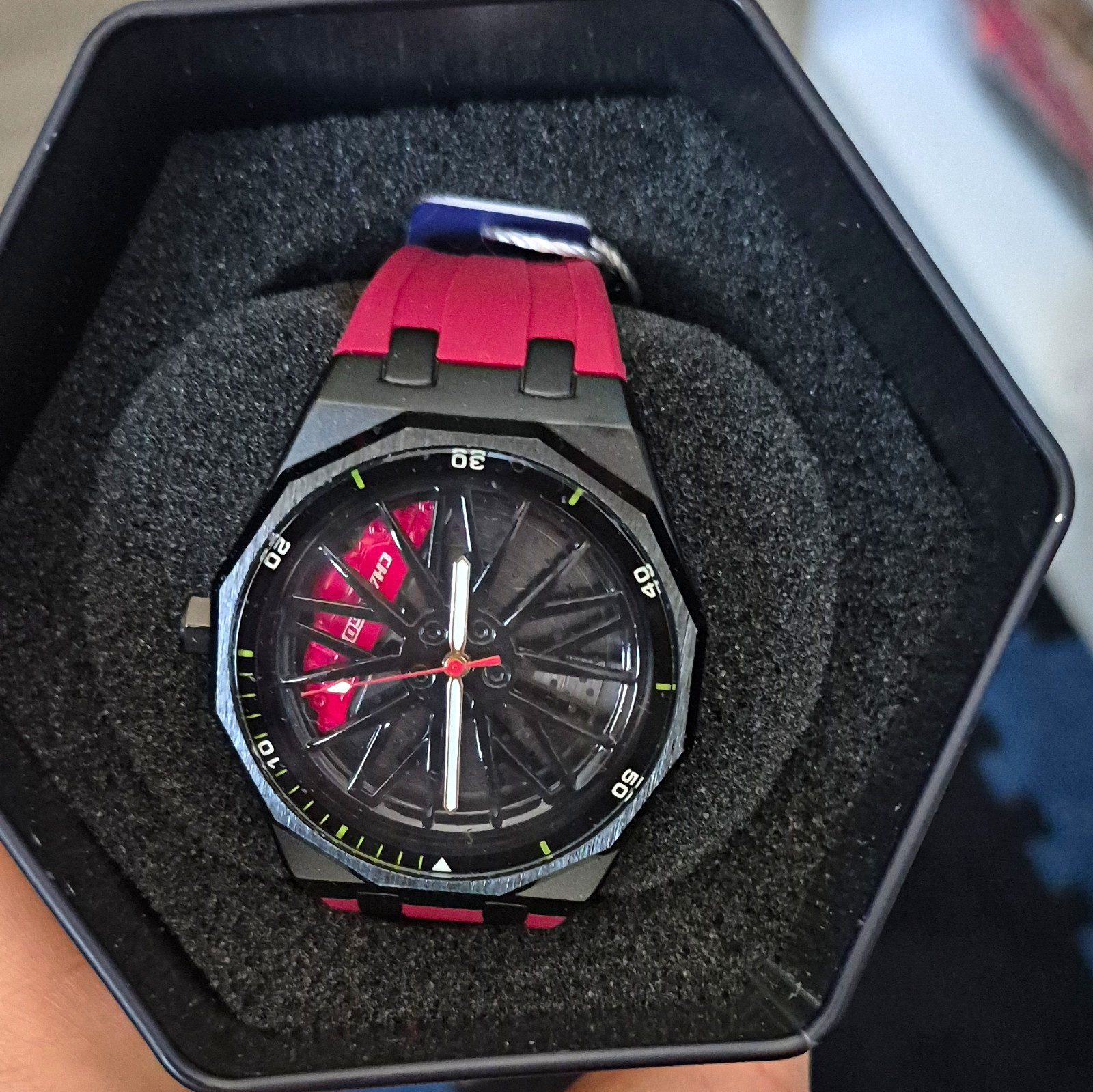 Analog Sport Wristwatch Black Case/Bezel Black-Red Dial Red Rubber Strap Box