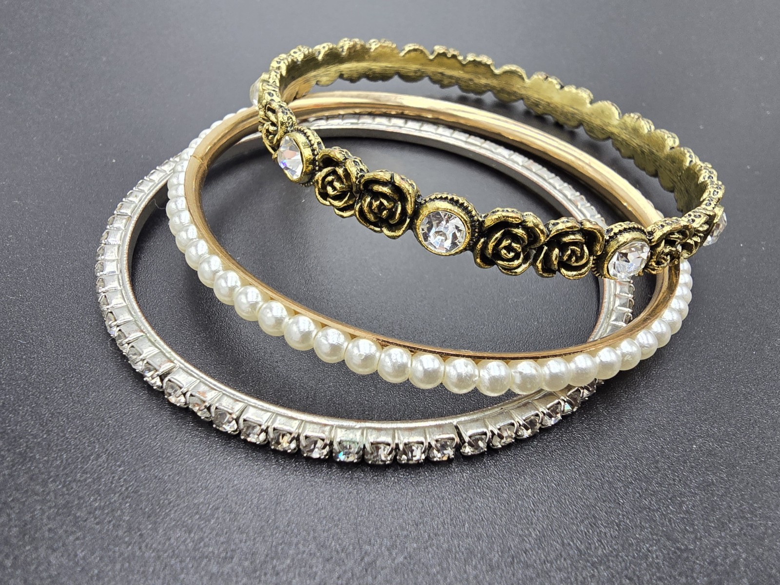 3 pc Mixed Brasstone White Bead Bracelet SET (B4) FLOWERS AND ELEGANCE