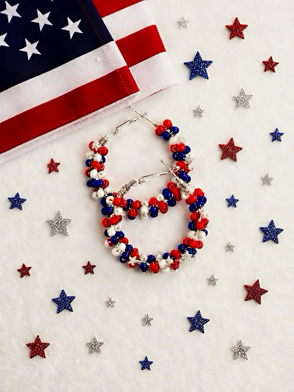 Red White & Blue Beaded Hoop Earrings Round Bead Hook Flags & Political