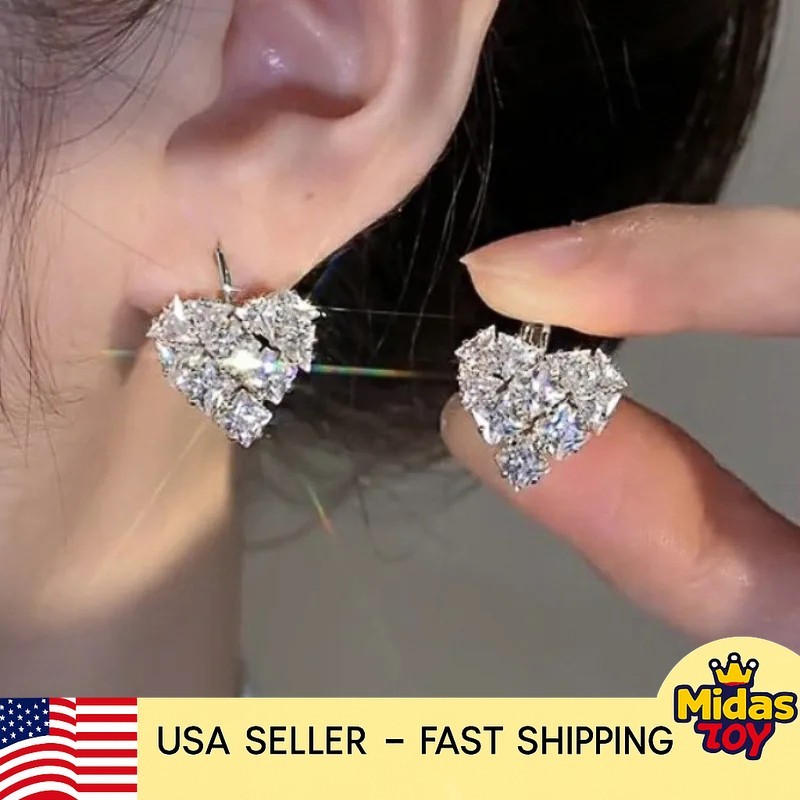 White Gold Princess Cut Diamond Earrings D Color Heart Shape Wedding Jewelry