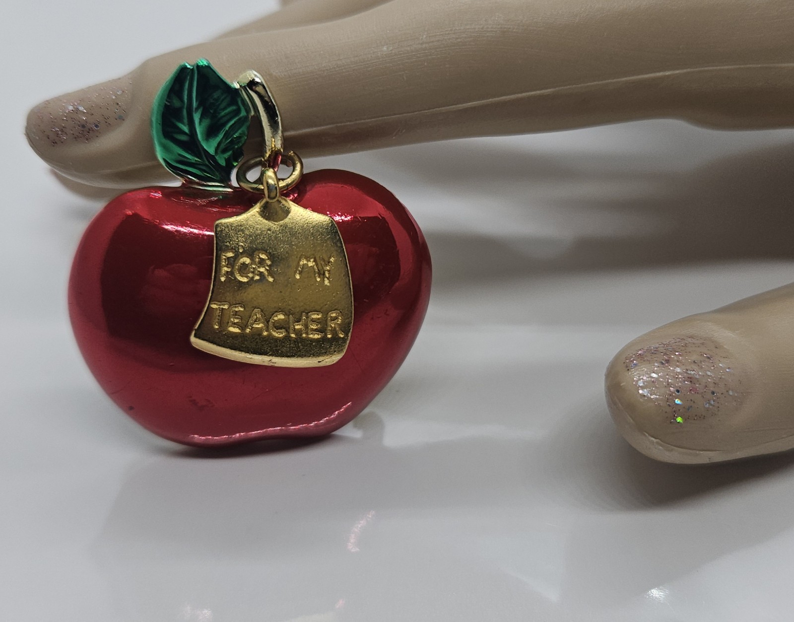 For My Teacher Red Apple Brooch Pin Metal Enamel Marked A.J.C. 1″