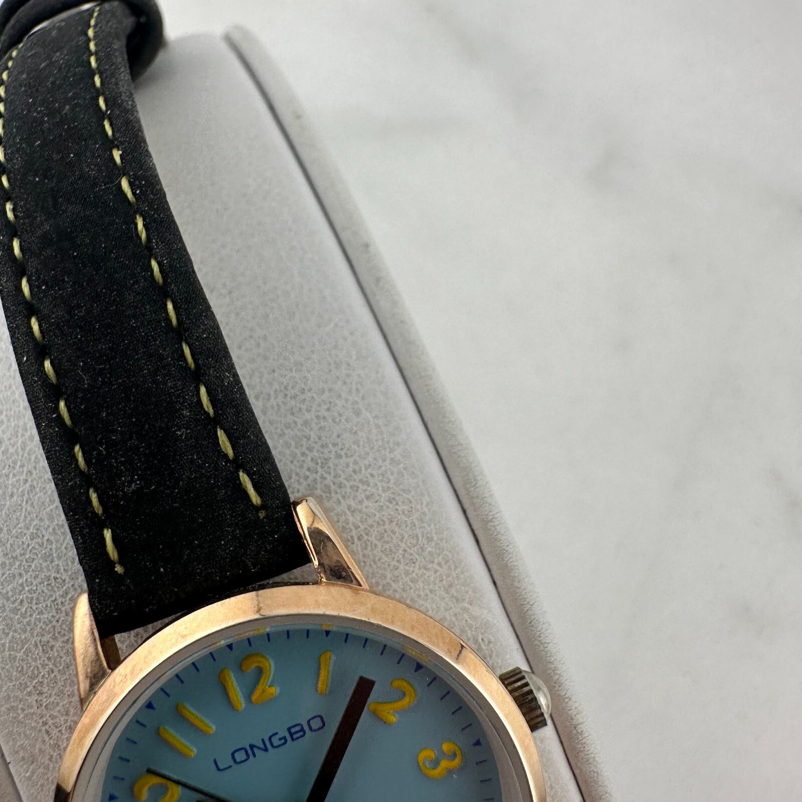 Longbo Ladies Leather Band 27mm Watch. Blue/Yellow Dial New Battery. 7058L