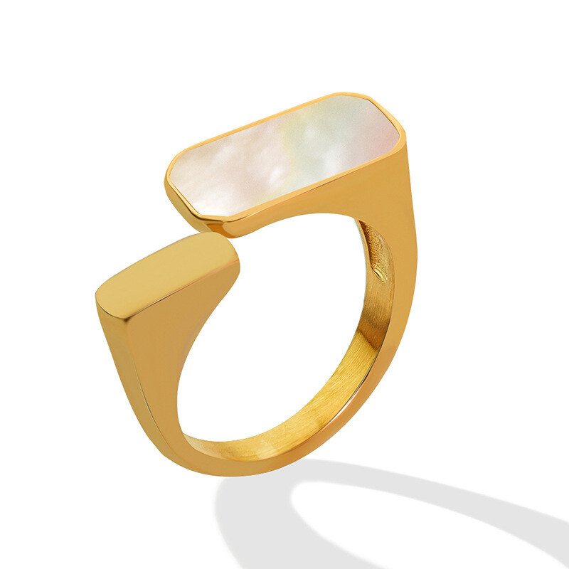 Woman 18k Gold Plated Stainless Steel Sea Shell Pearl Opening Ring Adjustable