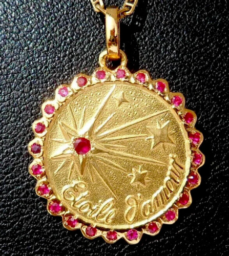 Vintage 1.50Ct Round Lab Created Ruby Love AUGIS Pendant 14K Yellow Gold Finish