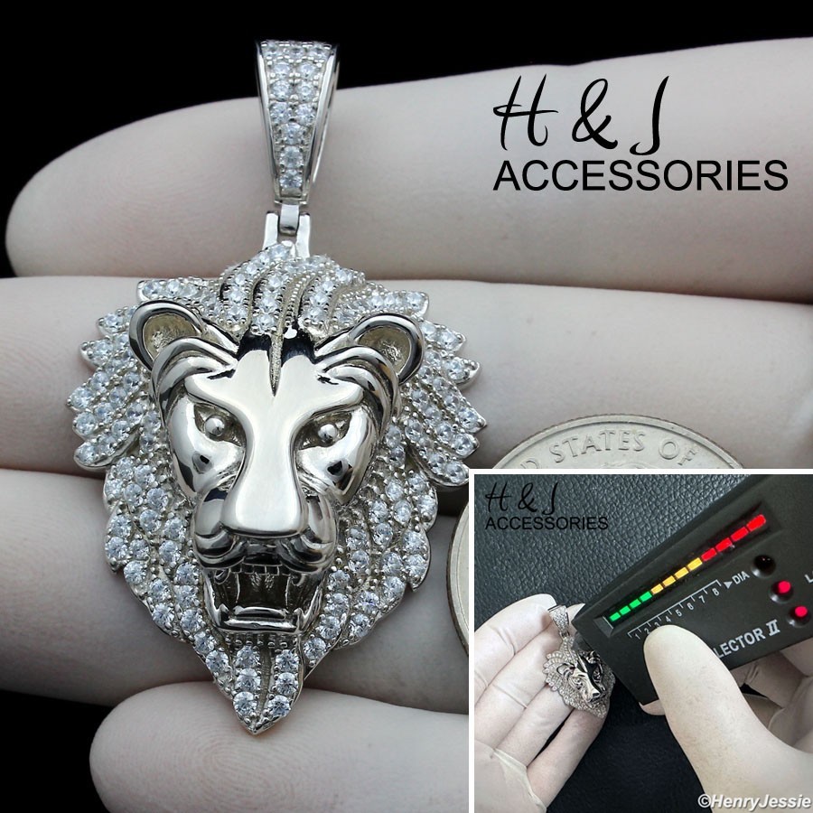 MEN SOLID 925 STERLING SILVER BLING MOISSANITE 3D LION FACE PENDANT*ASP533