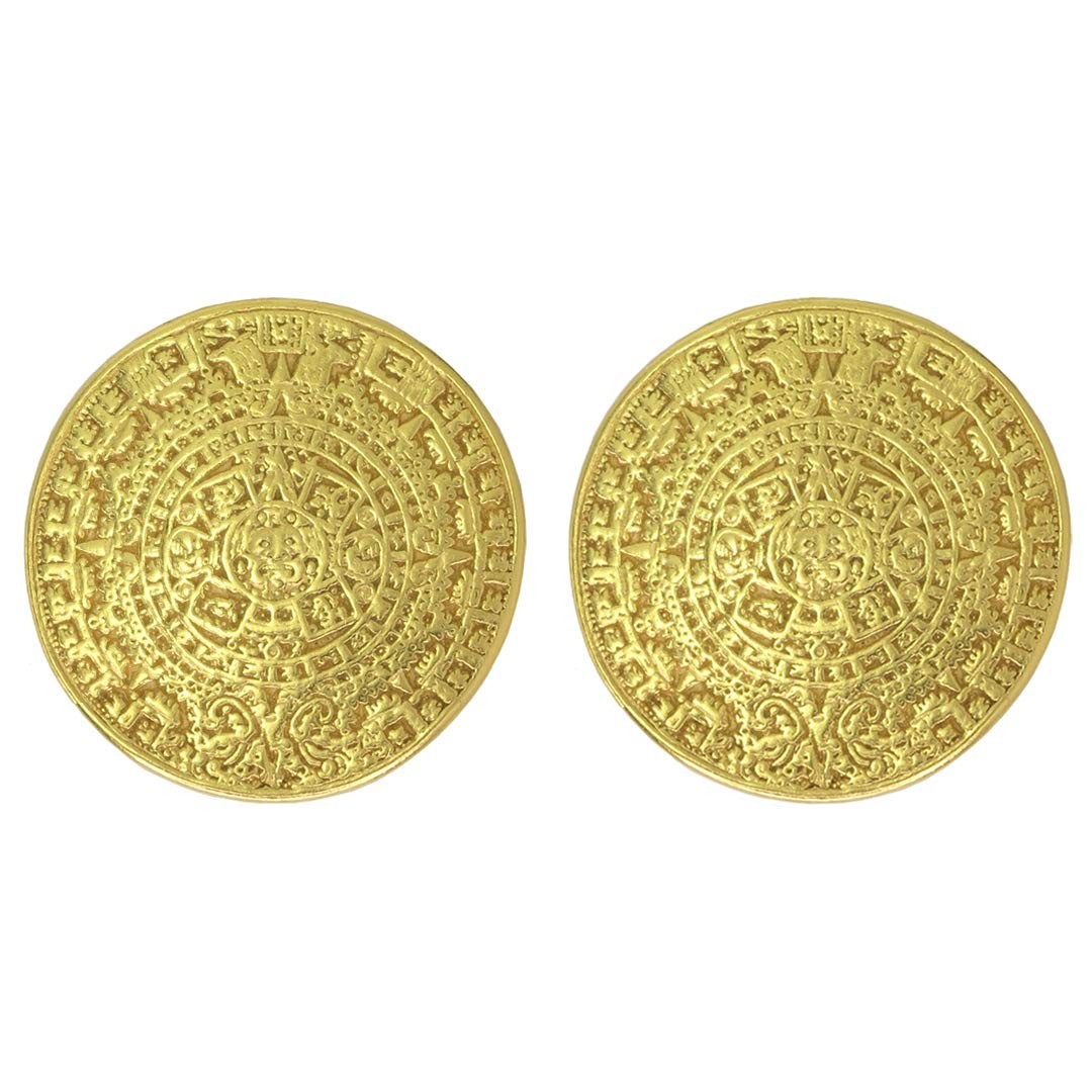 24k GP Pre-Columbian Aztec Solar Calendar Earrings| Across The Puddle