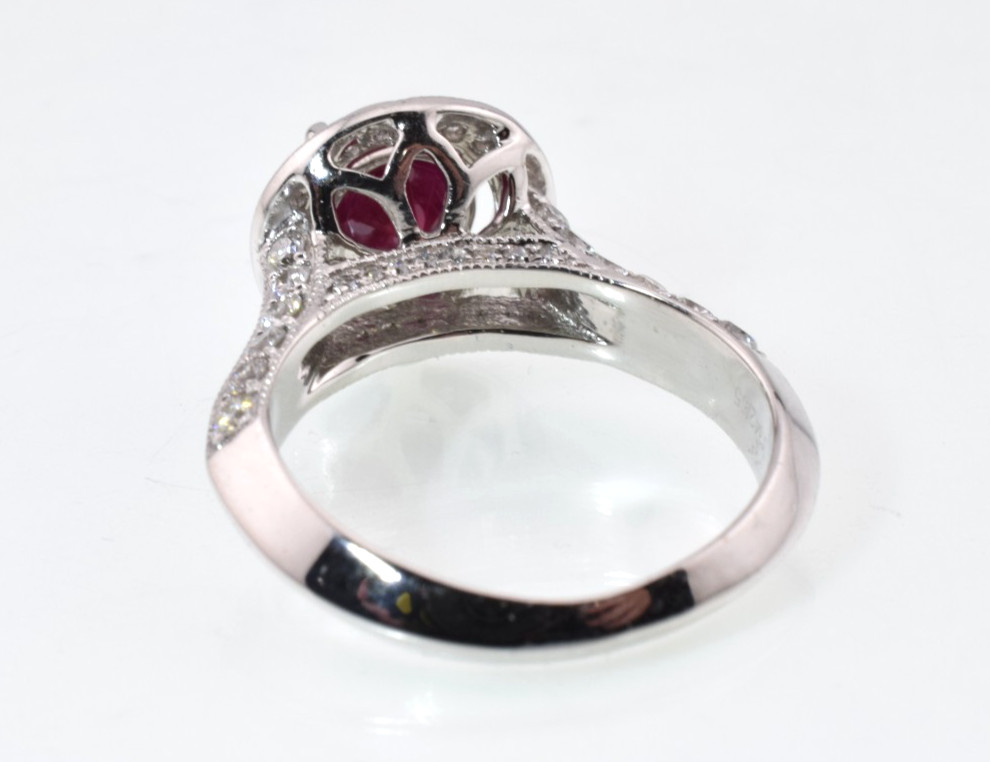 Ruby & Diamond Halo Ring in 18k Gold 2.40 Carats Size 5.5