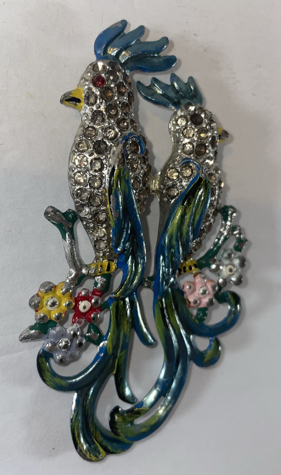 Vintage 1940s Coro Silver Tone Parrot Enamel Duette Brooch 3-3/4” Pin Unsigned