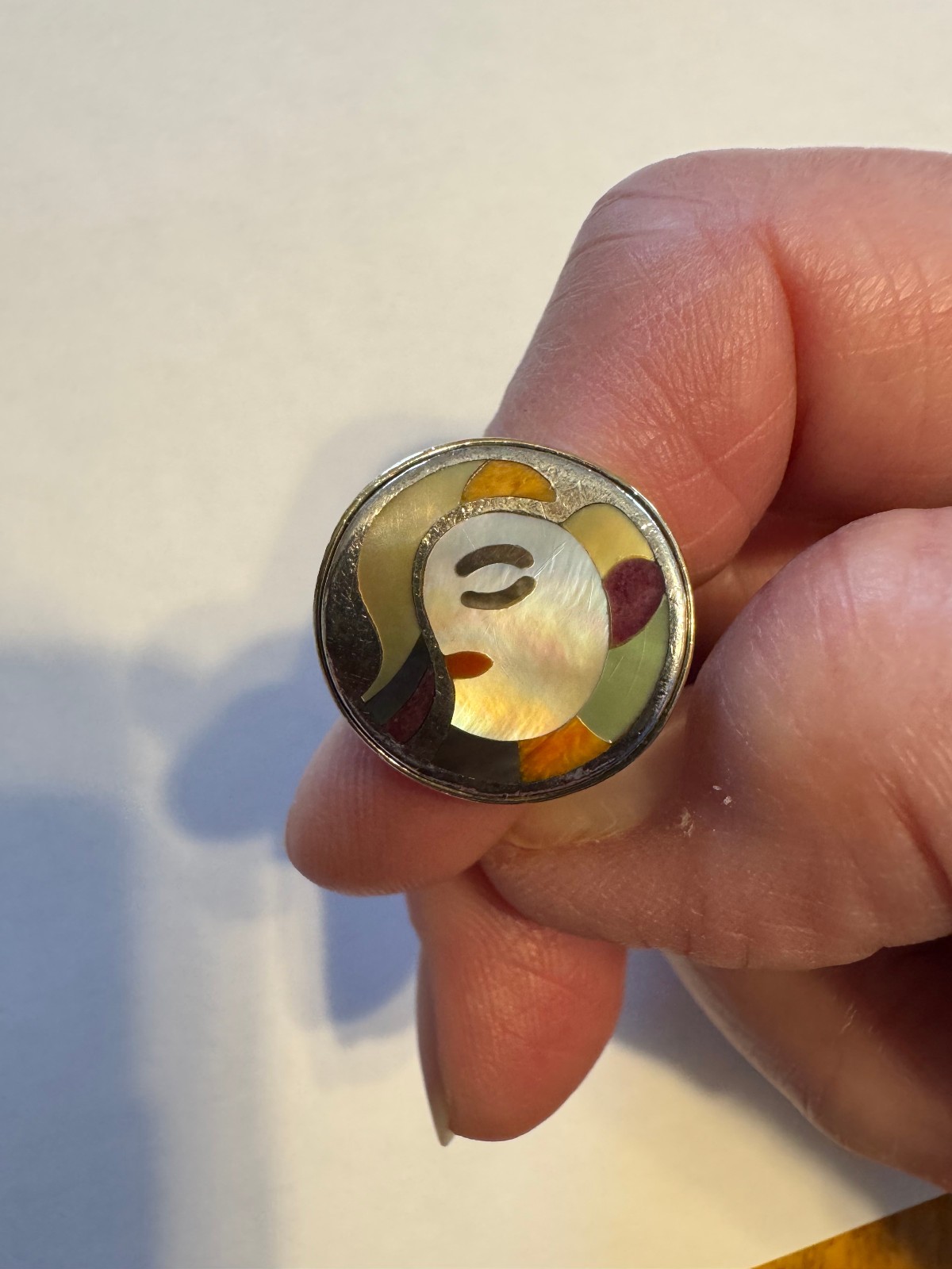 Eric Grossbardt Picasso Inspired MOP Face ring, Sterling & 18kt gold Sz 5 1/2