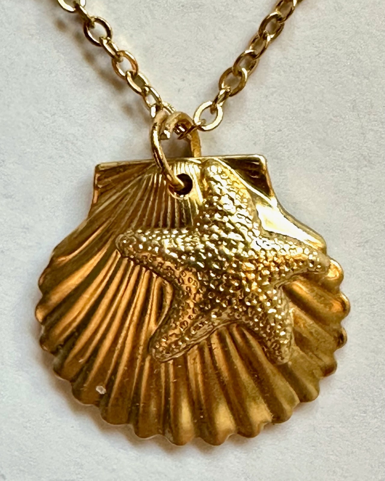 STARFISH STAR FISH ON CLAM SHELL raw brass charm 1″ pendant necklace 18″ gold pl