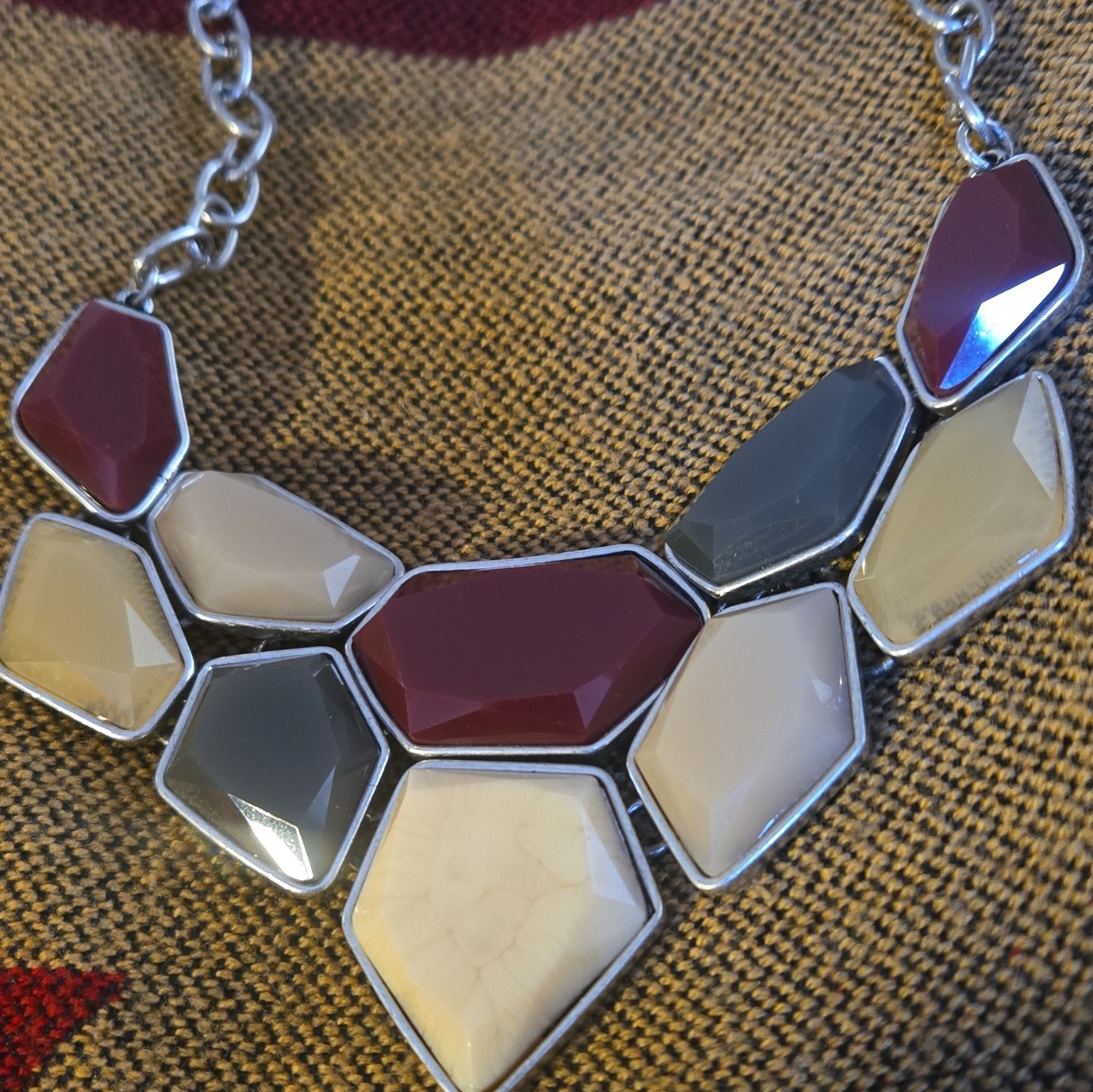 Silver Tone Geometric Statement Charm Pendant Necklace Red Cream Gray