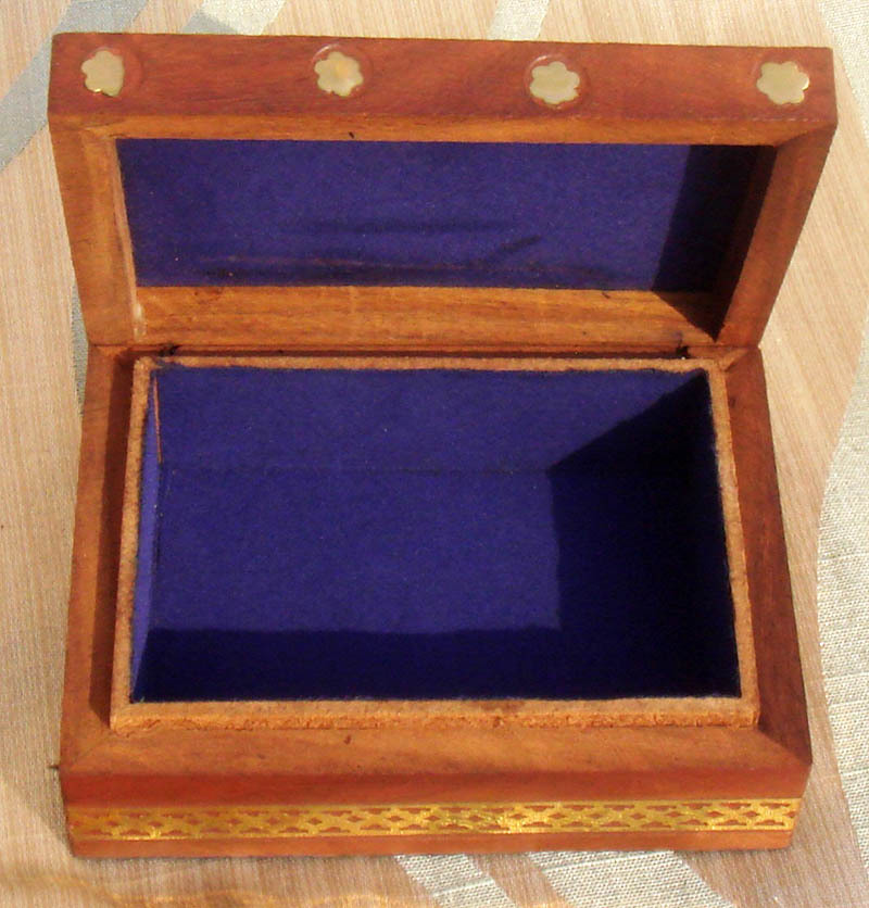Wooden jewelry box with glass gem stone painting and brass border from India!
