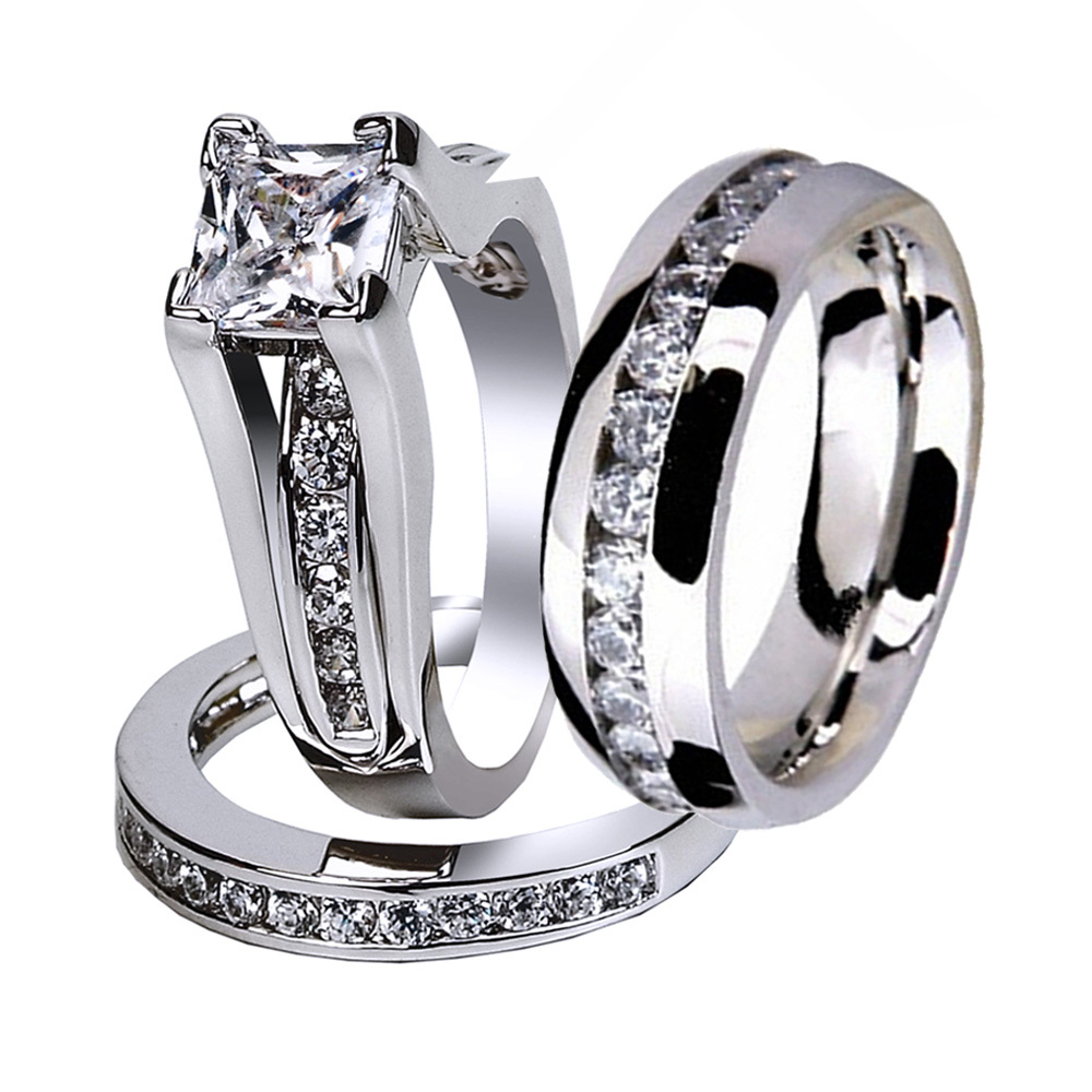His Hers 3 Pcs Stainless Steel CZ Wedding Engagement Matching Ring Band Set