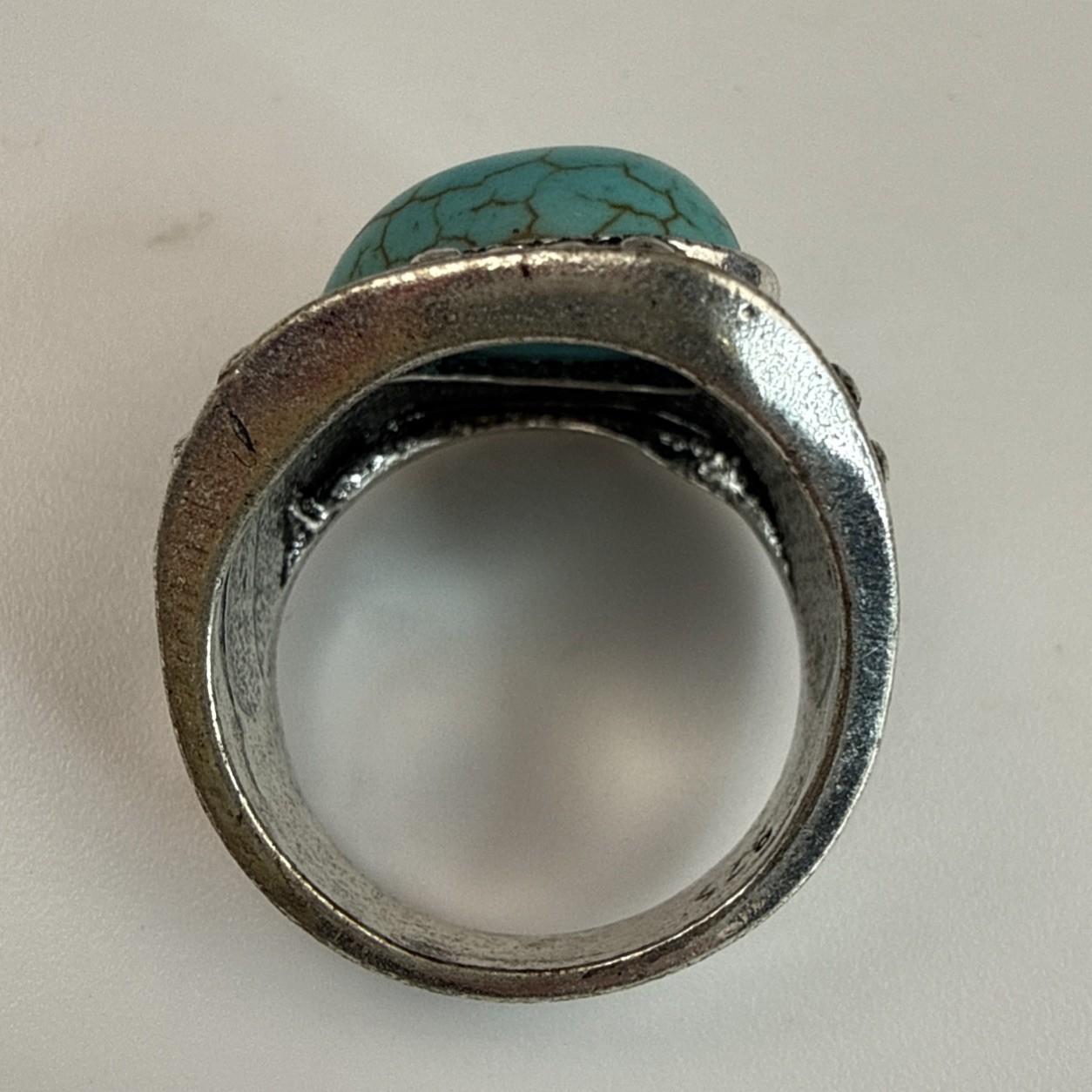 Native American Turquoise Heart Sterling Silver Ring Sz 8 Feathers Flowers 9.45g