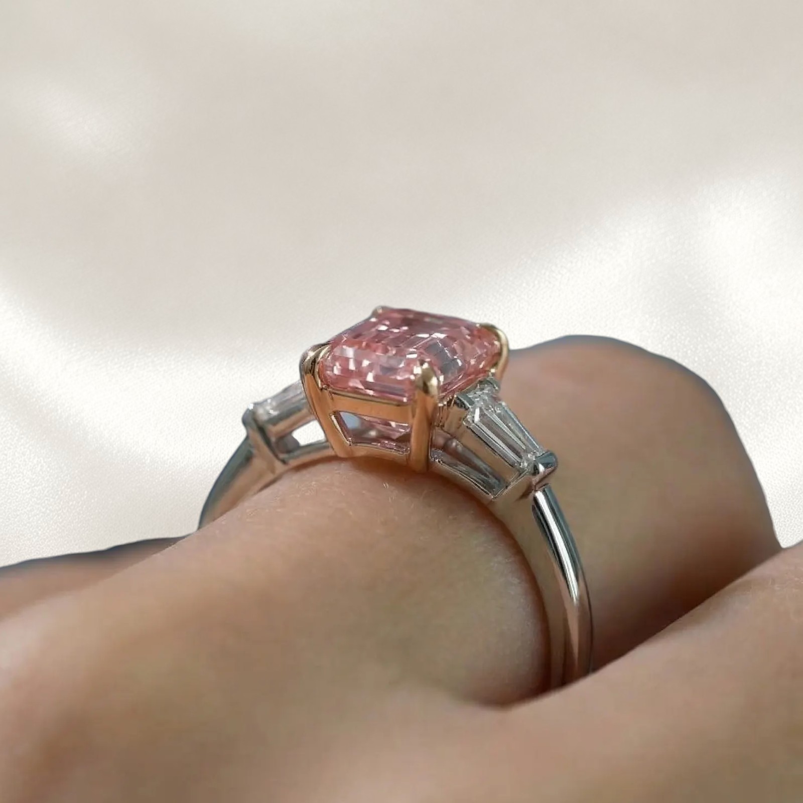 Fancy Vivid Pink IGI Lab Created Diamond Ring 2.30 CT Emerald Cut 18K Multi Gold