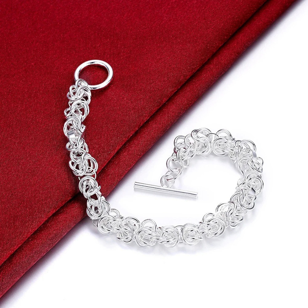 Stylish 925 Sterling Silver Interlocking Circle Chain Bracelet Women Jewelry