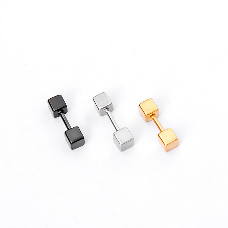Womens Tiny 3D Cube Screw Back Stud Earrings Minimalist Jewelry Surgical Steel