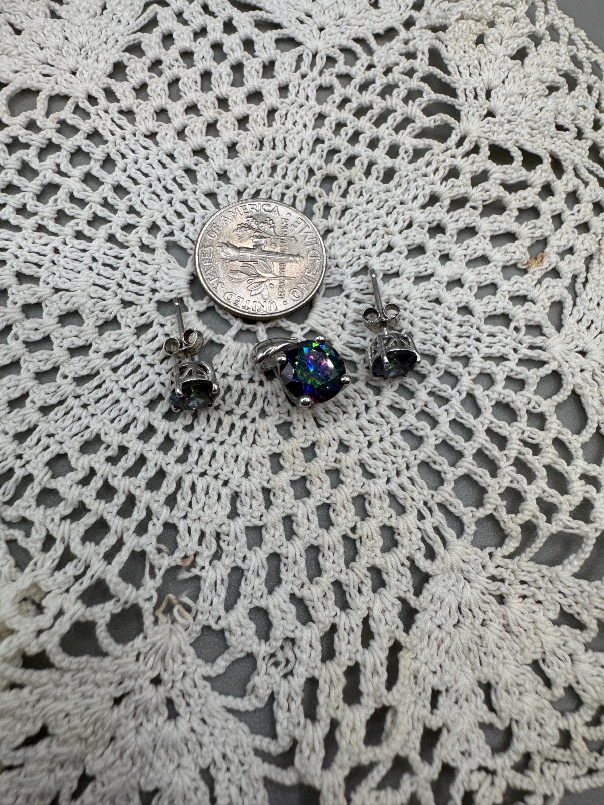 Sterling Silver Faux Mystic Topaz Glass Pendant & Post Earrings Set No Chain