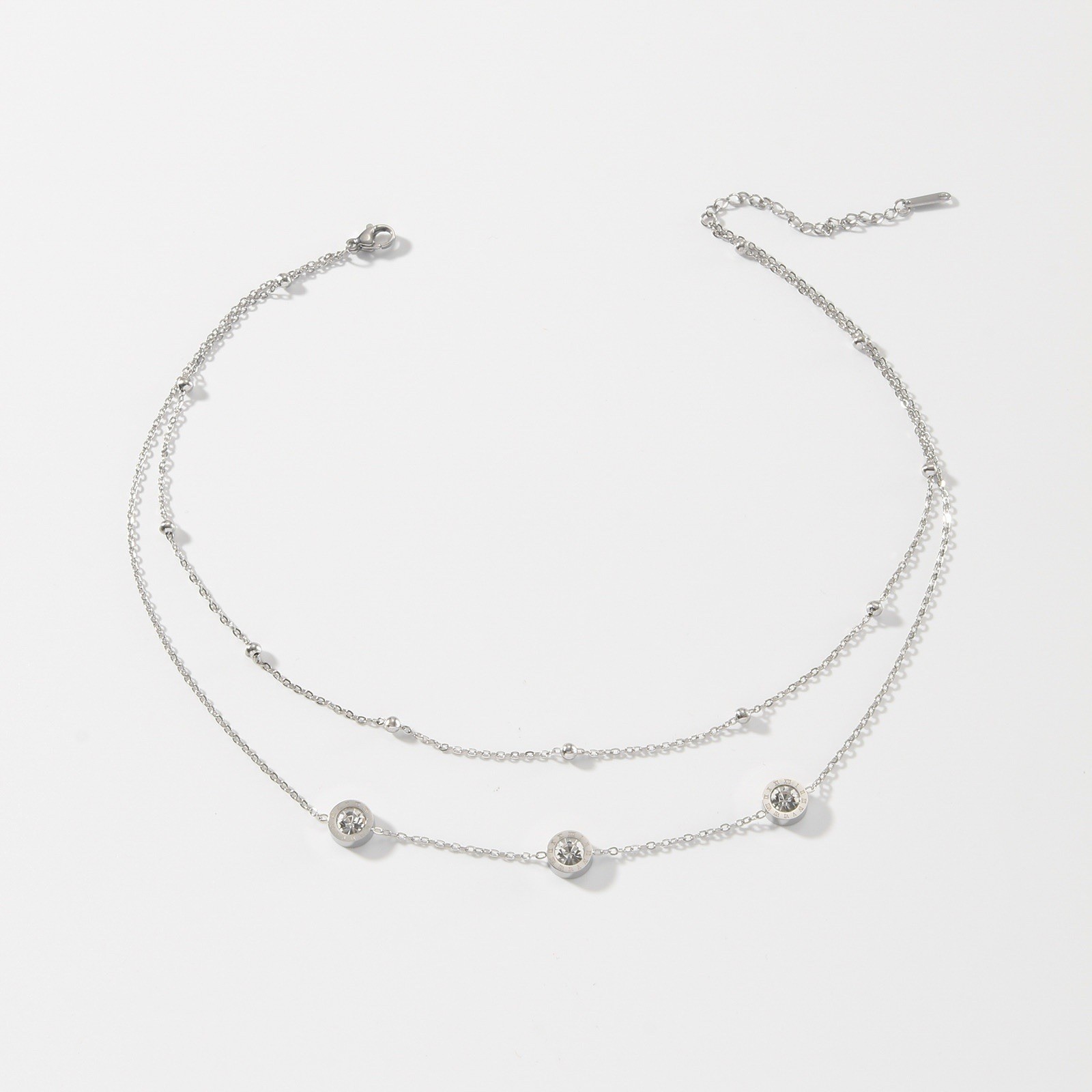 Stainless Steel Layered Station Necklace Clear Crystal Adjustau