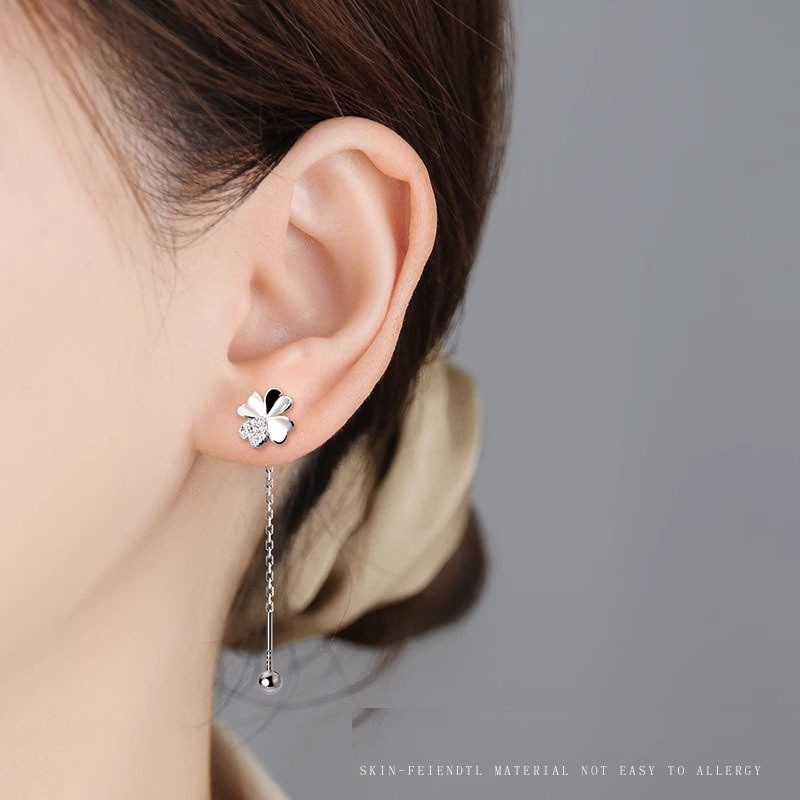 Silver Clover CZ Dangle Pull Through Threader Screw Stud Earrings AJ
