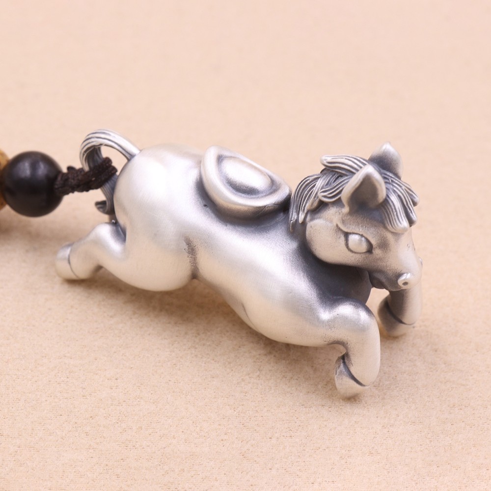 Pure S999 Fine Silver Carved Yuanbao Running Zodiac Horse Pendant 34-35g 1.7in