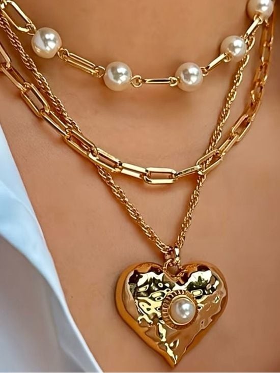 Set Large Heart Statement Gold Layered Heart Pendant Pearl Chain Necklaces