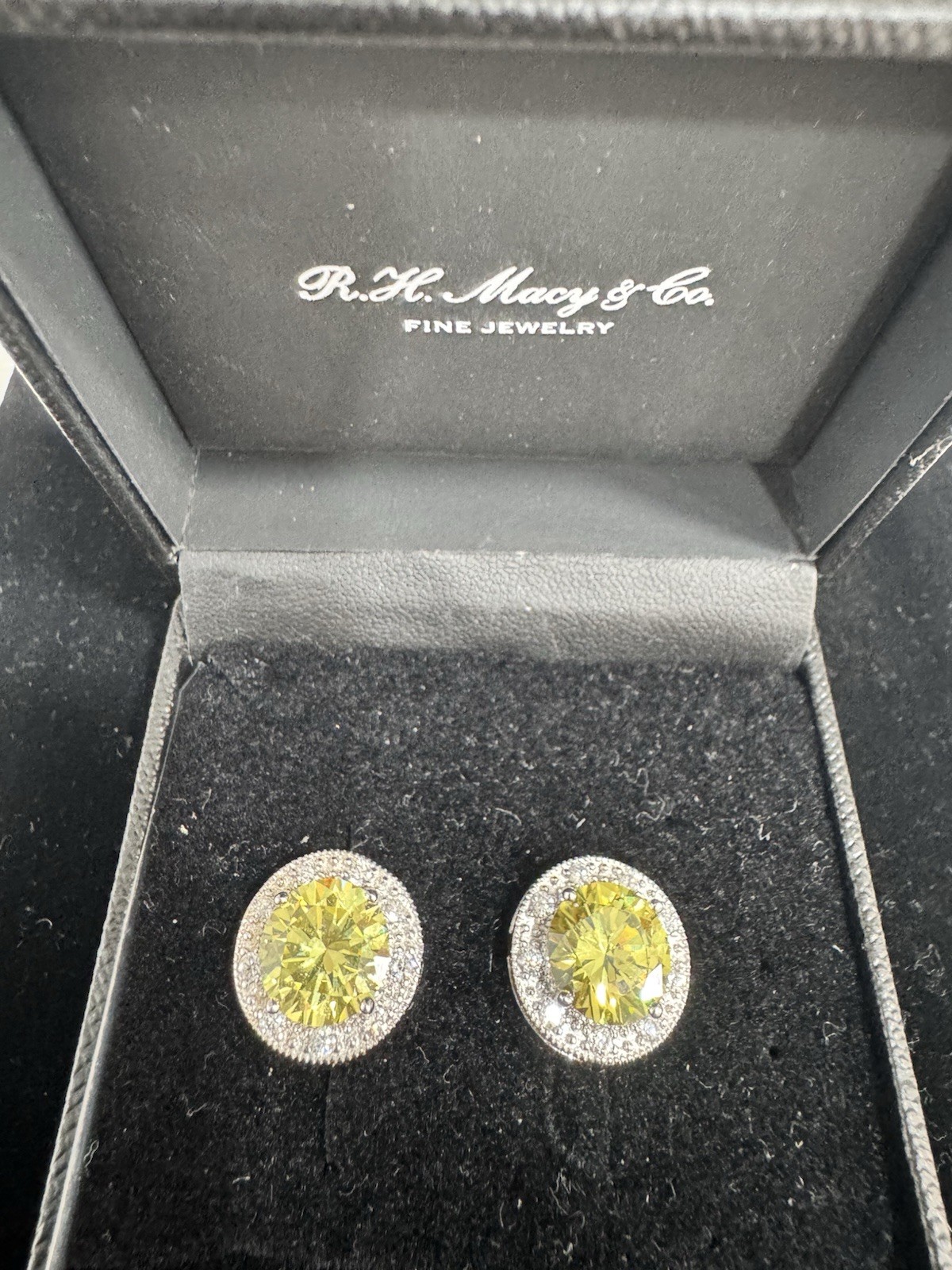 R.H. Macy & Co. 925 Sterling Silver Yellow Moissanite Halo Stud Earrings.