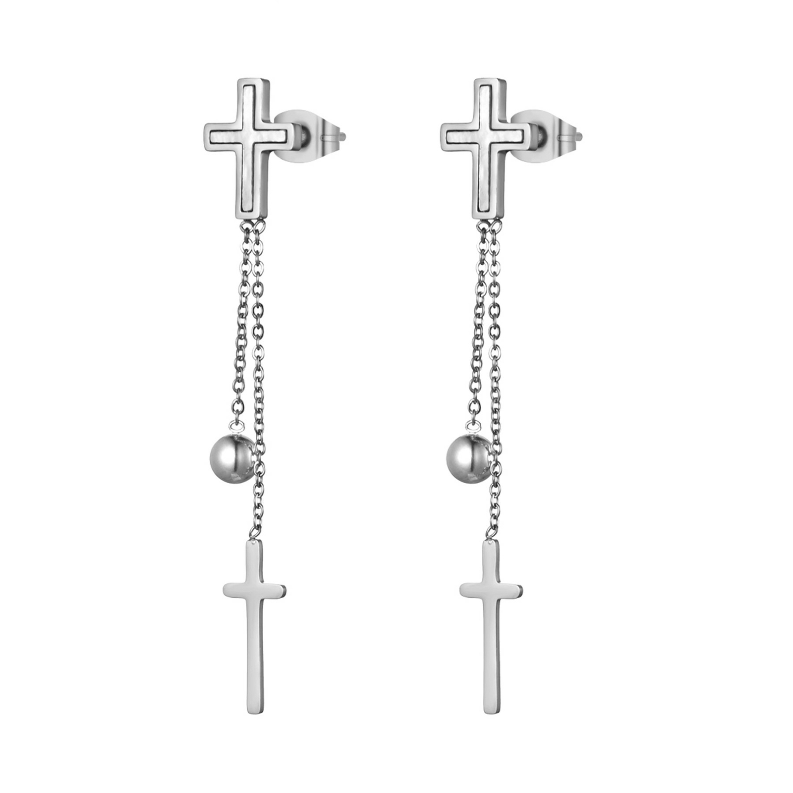 2pcs Stainless Steel Shell Inlaid Cross Tassel Drop Dangle Studs Womens Earrings