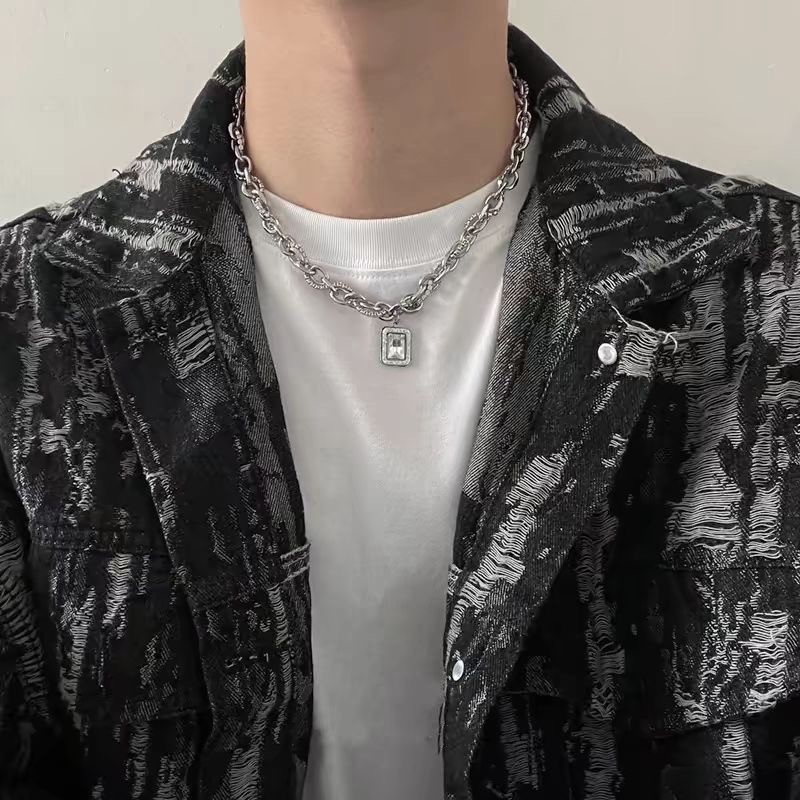 Necklace Square Zirconia Pendant Stainless Silver Unisex Street Neck Jewelry