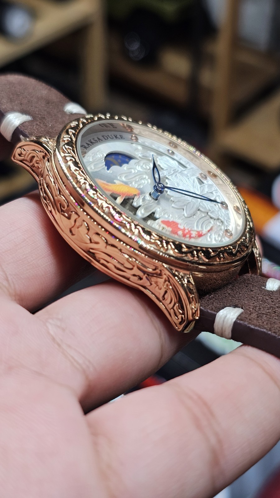 Tevise Raksa Duke T890DF Mechanical Watch 3D Koi Fish Dial, With New Suede Strap