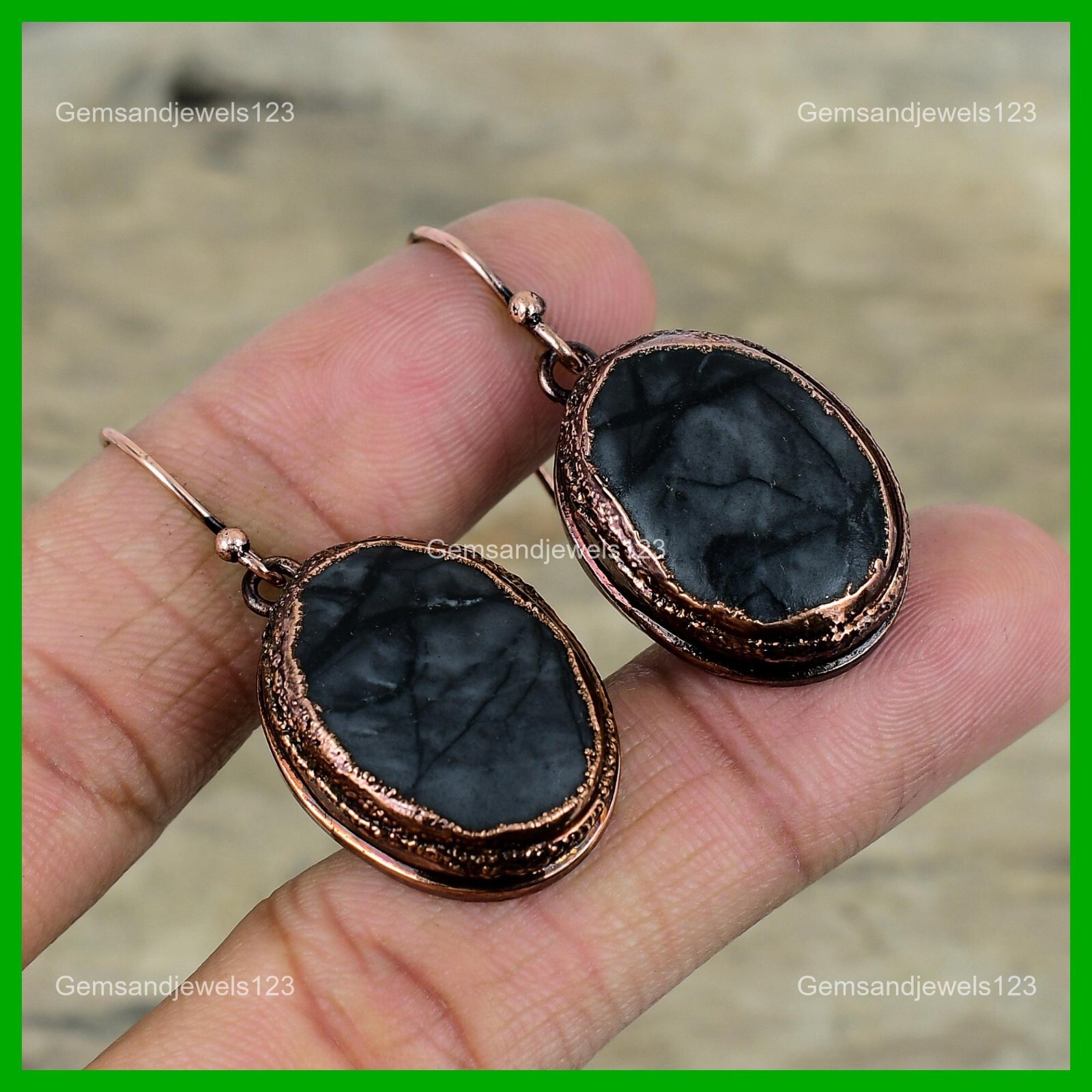 Copper Picasso Jasper Stone Dangling Anniversary Electroformed Earrings Jewelry