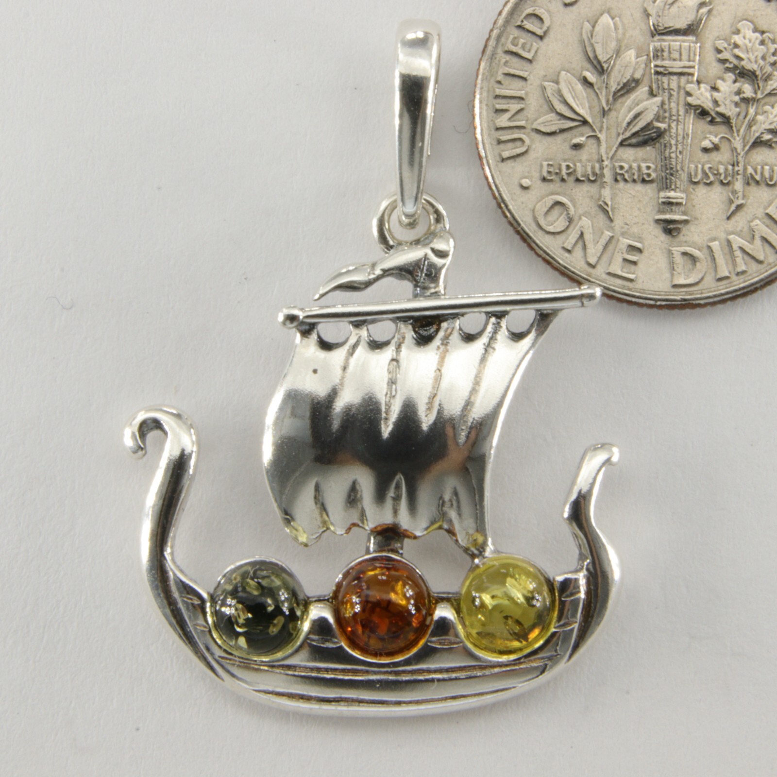 Multi-Color BALTIC AMBER Viking Ship Pendant 925 STERLING SILVER Poland #4002e