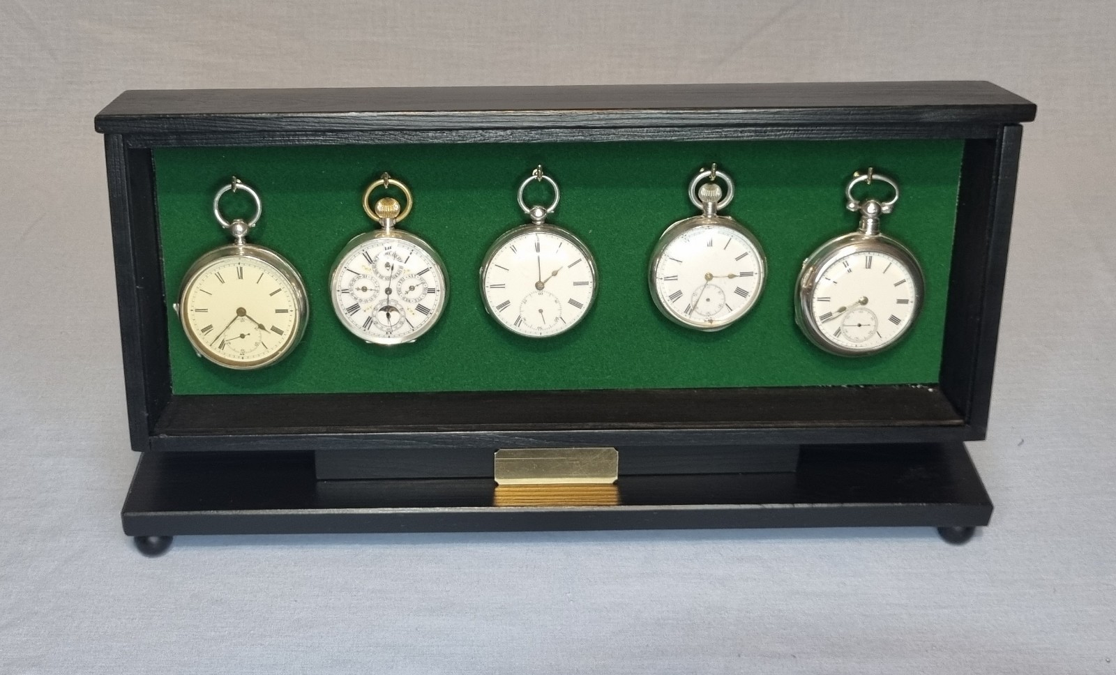 Pocket watch glass display case, table top, solid wood cabinet choice of 4 sizes