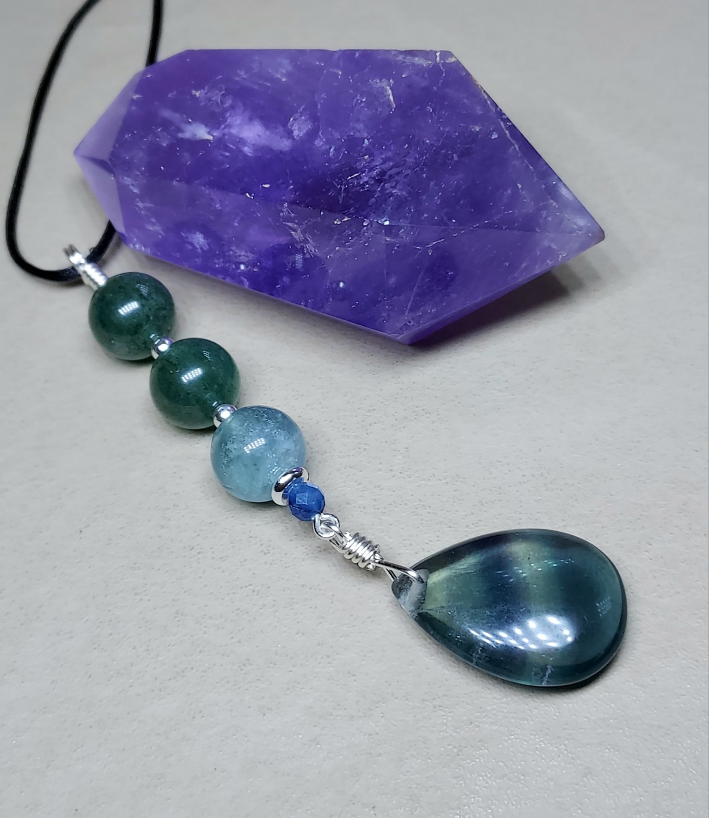 Blue Fluorite Pendant With Green Strawberry Quartz, Colorful Artisan Crafted