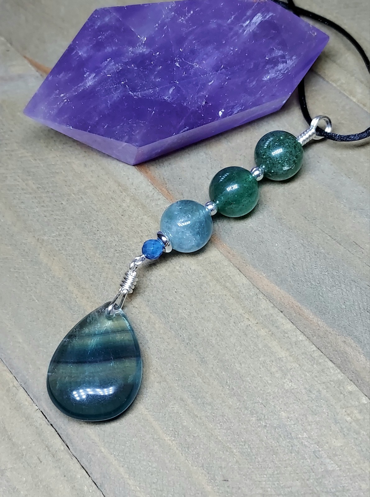 Blue Fluorite Pendant With Green Strawberry Quartz, Colorful Artisan Crafted