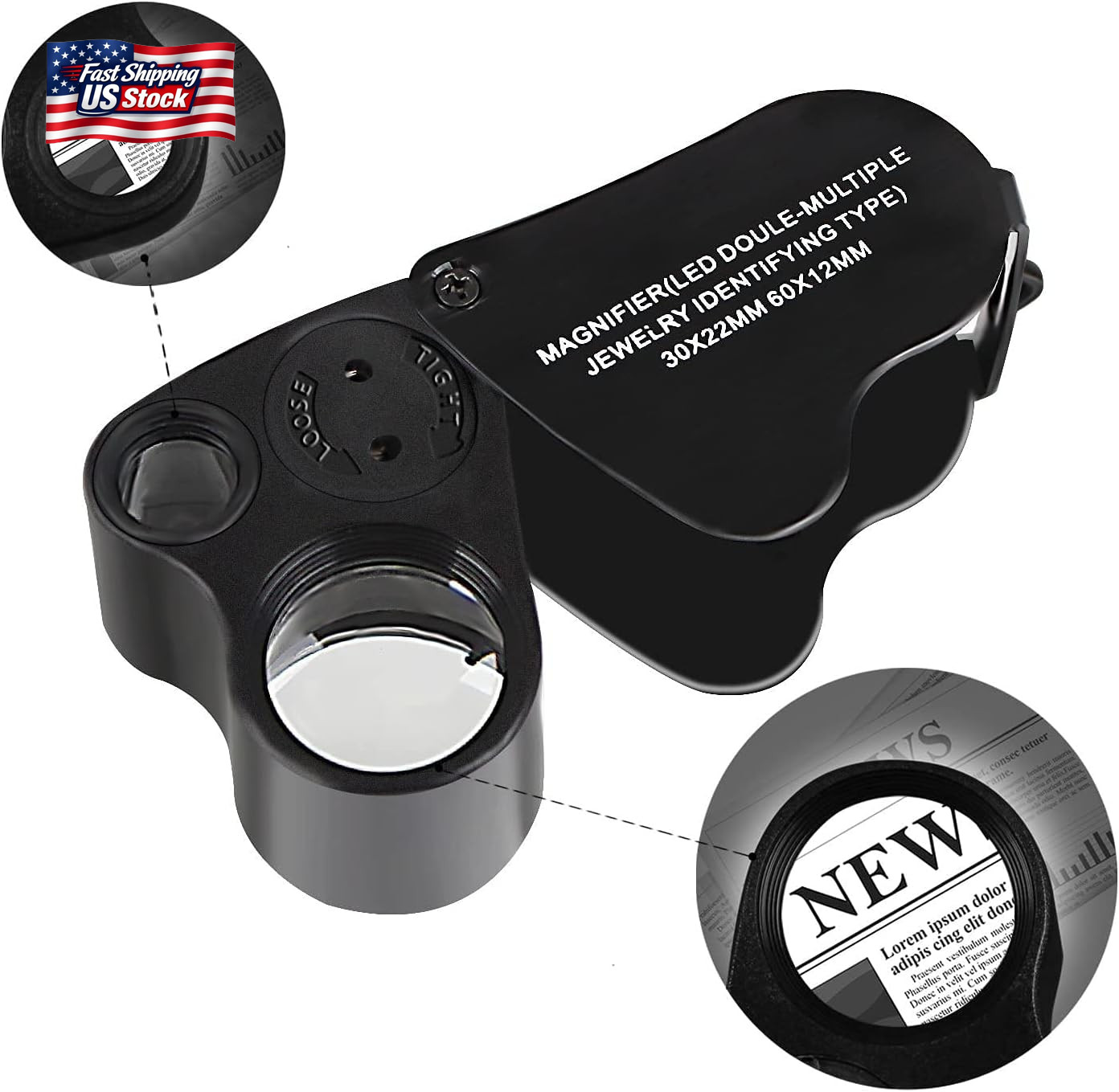 HMKIS Jewelers Loupe, 2 Pack Magnifying Glass with Light, 30X 60X 90X Jewelers L