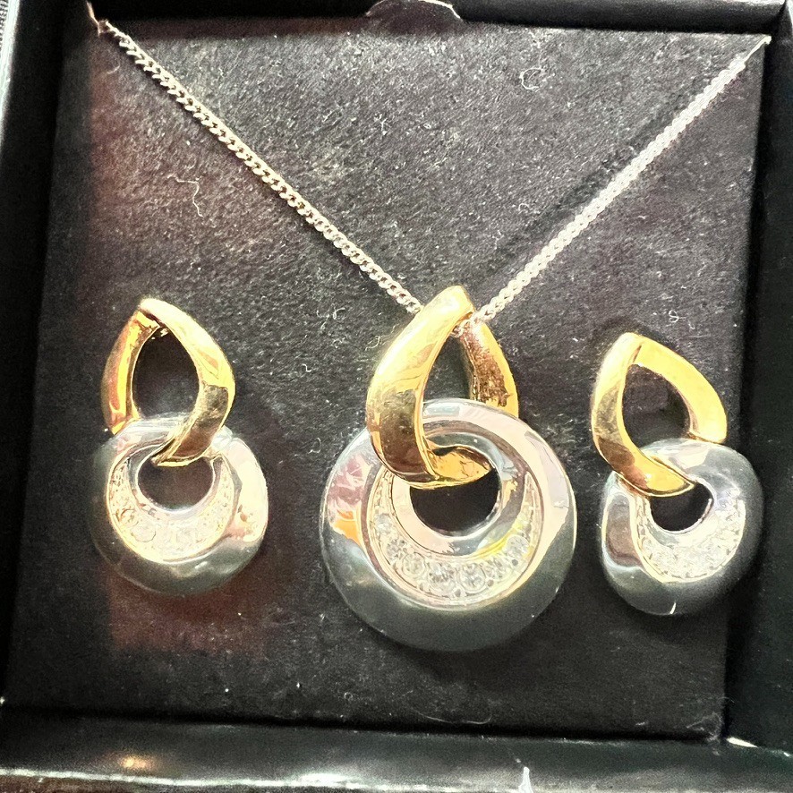 SAC Two Tone Necklace Earring Set NOS Vintage 1990s Silver Gold Tone Crystal